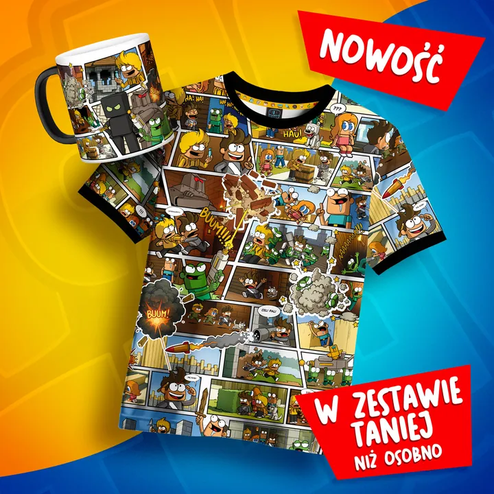 Zestaw koszulka fullprint komiks Wojanowice + magiczny kubek komiks Wojanowice