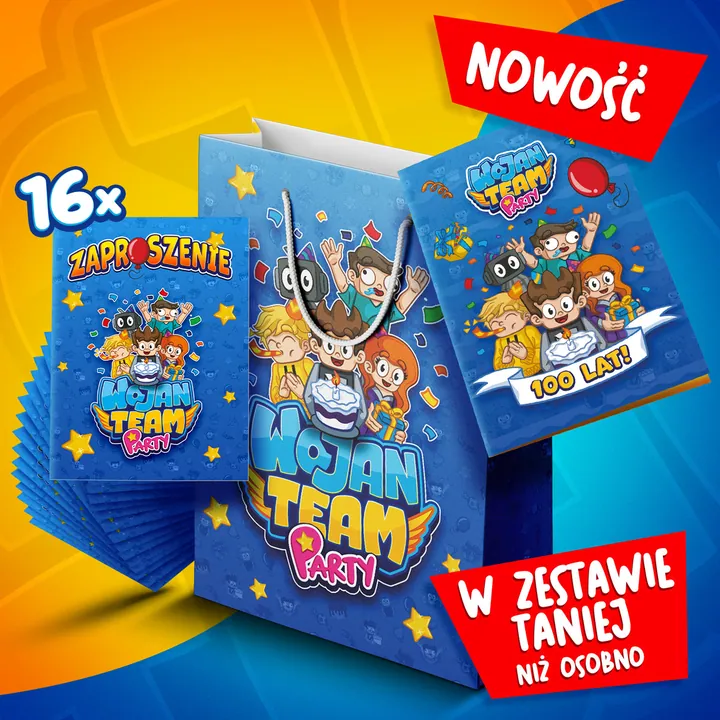 Zestaw urodzinowy Premium Wojan Team 2026 - zaproszenia 16 szt + kartka + torba
